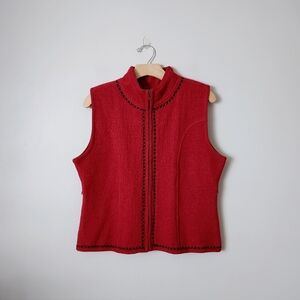 Icelandic Design Vintage Wool Vest Zip Front Size Large Red Embroidery